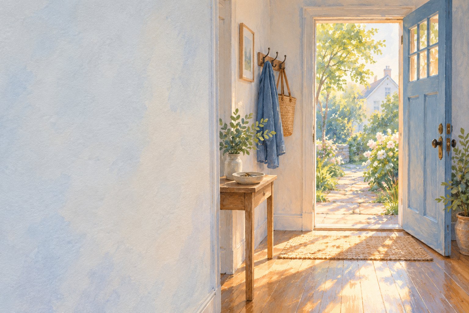 A watercolour of an open front door onto a sunny garden